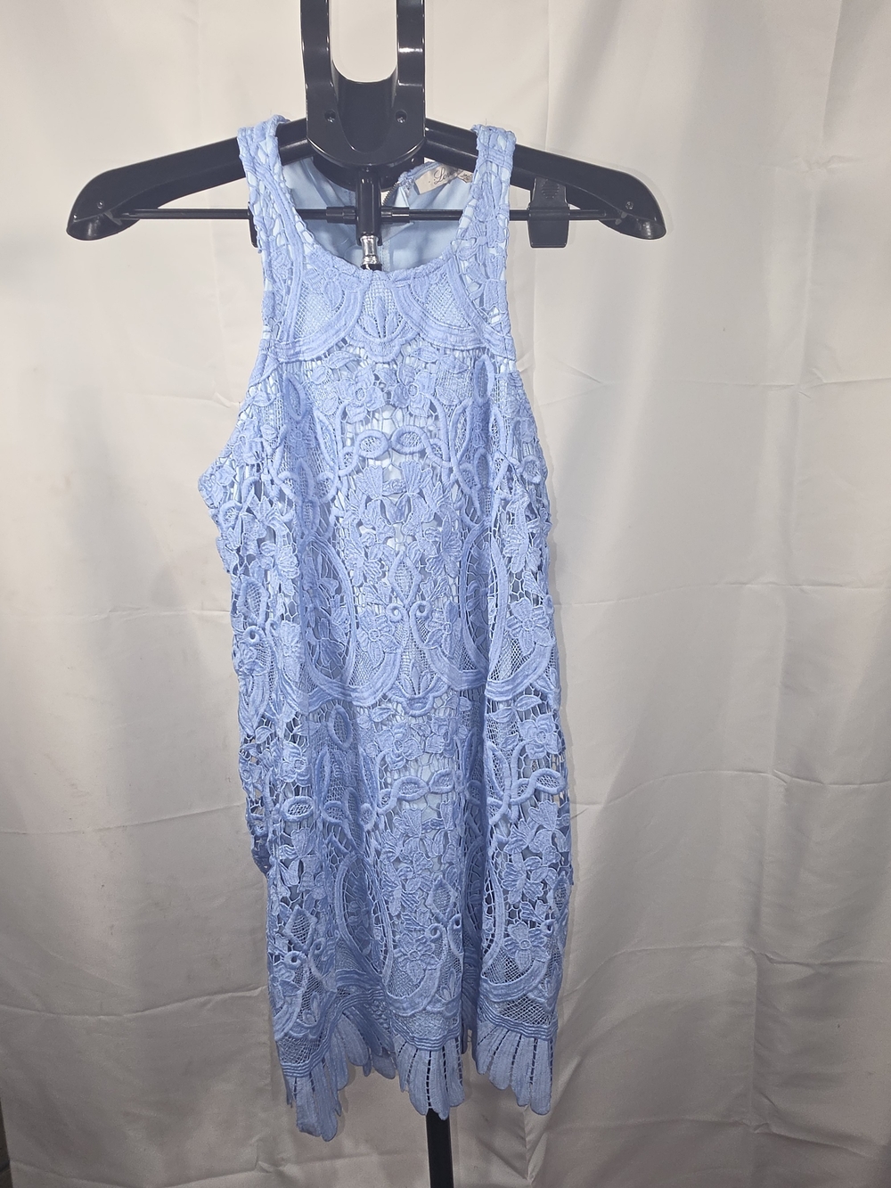 Lovers + Friends Light Blue/Periwinkle Crochet Halter Mini Dress Scalloped Hem